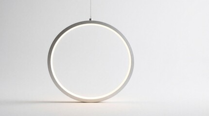 Naklejka na ściany i meble Modern minimalist circular LED pendant light fixture hangs from ceiling. Round ring lamp provides bright illumination in white interior space. Contemporary metallic hoop light for home decor office