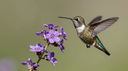 Fototapeta premium A vibrant hummingbird hovers gracefully near a cluster of purple flowers, showcasing its colorful plumage against a serene natural backdrop. Perfect for nature lovers.