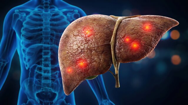 3d illustration of human liver with inflamed or diseased areas highlighted