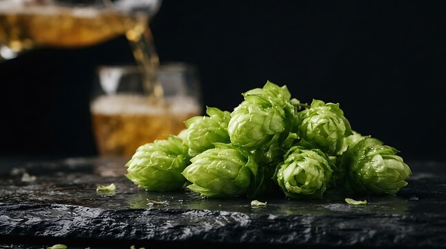 Fresh green beer hops on dark stone surface with beer pouring in glass