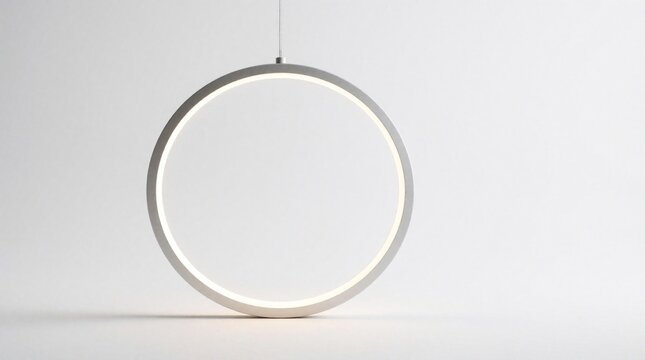 Modern minimalist circular LED pendant light fixture hangs from ceiling. Round ring lamp provides bright illumination in white interior space. Contemporary metallic hoop light for home decor office