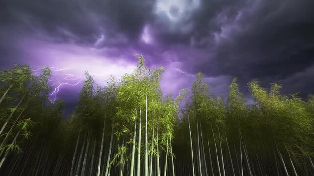 Dramatic Storm Over Bamboo Forest, Lightning Strikes, Dark Purple Sky