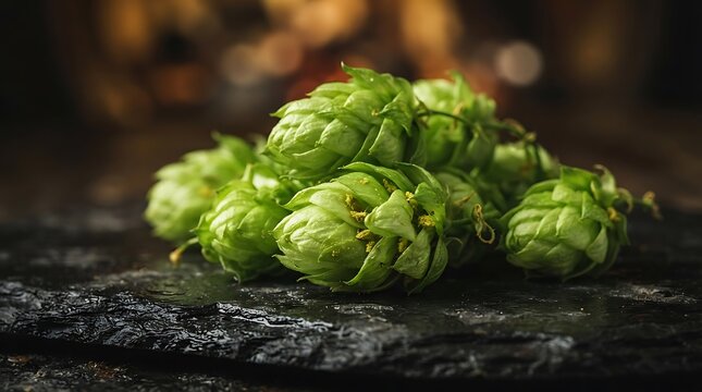 Fresh green hop cones on rustic dark wood surface with blurred background