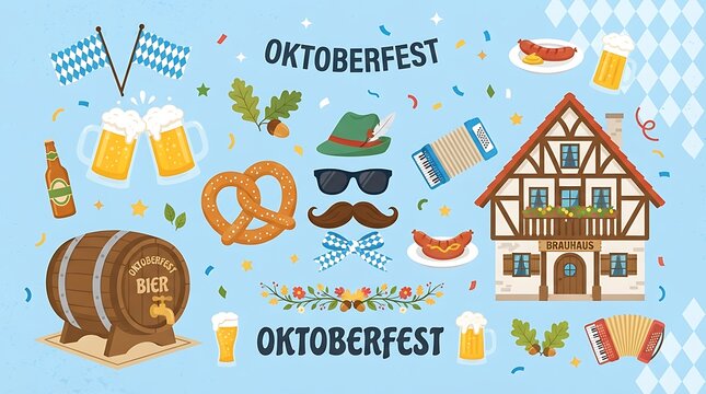 Oktoberfest themed graphic illustration set with beer, pretzels and house