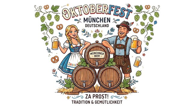 Illustration of happy couple in traditional clothing with beer barrels