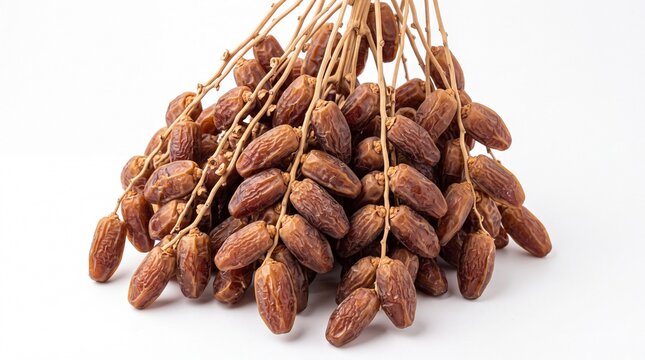 Sweet dried date palm fruits hanging together on a natural organic branch isolated on white background