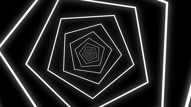 A white pentagonal geometric tunnel recedes into an infinite perspective against a stark black background.