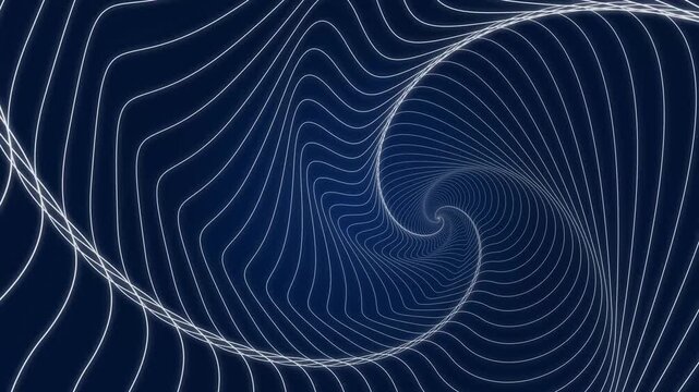 Spiral pattern consisting of thin glowing white lines creates a hypnotic movement effect against a dark blue background to provide a sophisticated aesthetic for digital design projects.