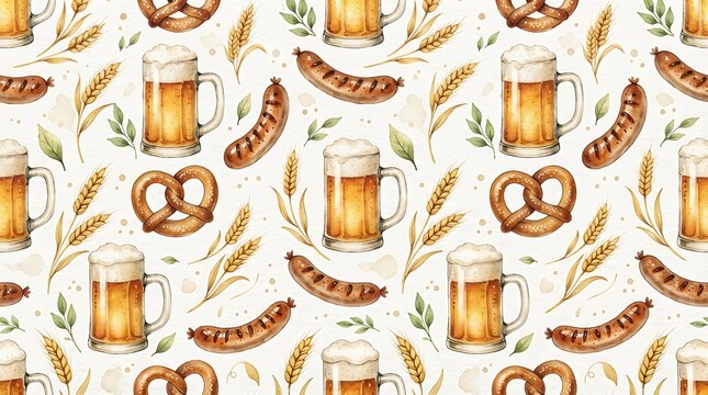 Seamless pattern with beer mugs roasted sausages pretzels beer mug german food