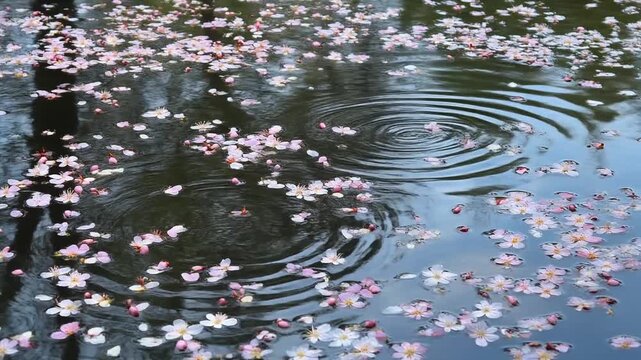 Cherry Blossoms Falling on Water, Ripples and Reflections of Spring Nature