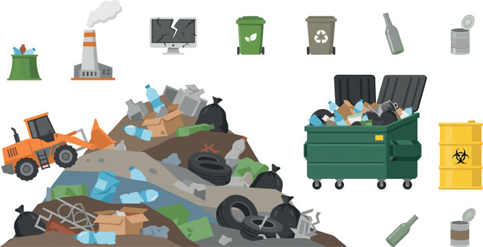 Garbage landfill and environmental pollution vector set with huge trash pile bulldozer full dumpster factory smoke recycling bins and hazardous waste