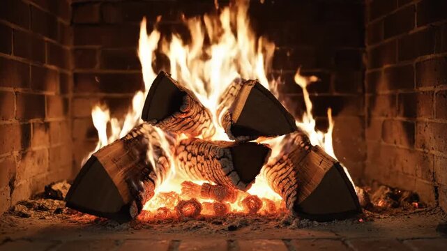Cozy Fireplace Glow: A warm and inviting fireplace crackles with vibrant flames illuminating a pile of logs, casting a comforting radiance on the brick hearth.