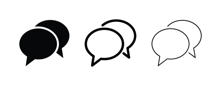 Chat speech bubble icons set with silhouette, bold outline, and thin line styles for messaging, conversation, social media, dialogue, text comment, and communication