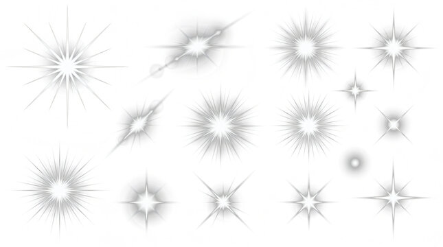 Monochrome Sparkle Starburst Lens Flare Set with Radiating Light Rays and Glow Effects Isolated on Transparent Background