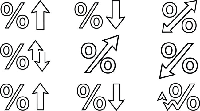 Percentage interest rate line art icon set with arrows showing financial increase decrease fluctuation and growth trends