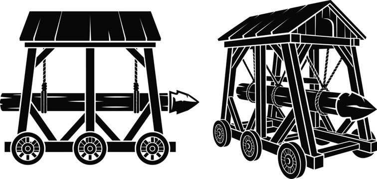 Medieval battering ram siege engine silhouette vector set featuring side profile and perspective layout designs