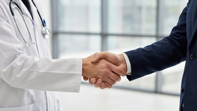 Doctor and businessman shaking hands in a bright modern office setting