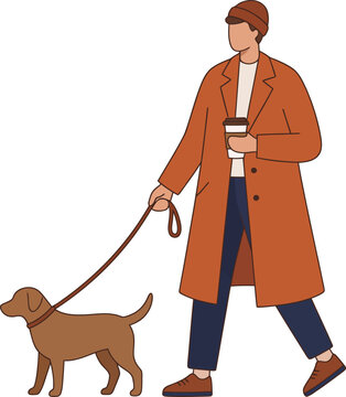 Flat Man Walking Dog Holding Coffee Cup Wearing Brown Trench Coat and Beanie Vector Illustration   