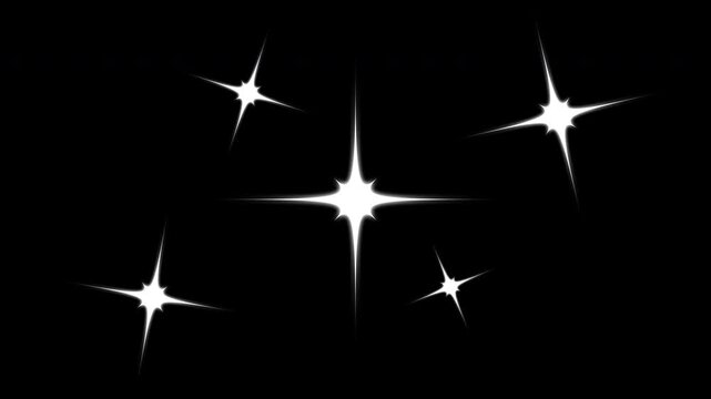 Glowing twinkling stars sparkle animation on black screen, magic sparkles, fast glitter star motion, cartoon vector doodles style white stars blinking with smooth retro glow effect, seamless 4k