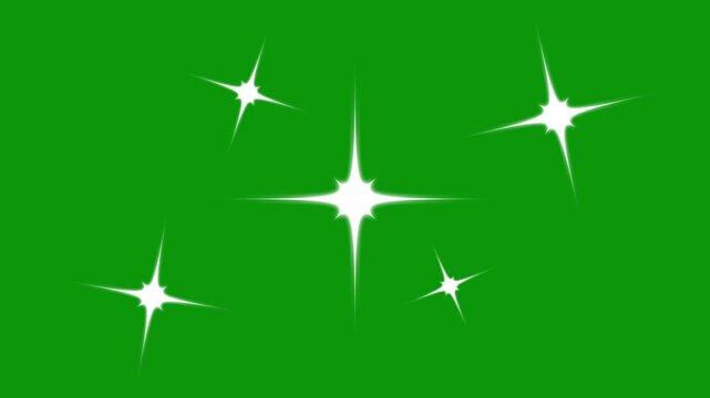 Glowing twinkling stars sparkle animation on green screen, magic sparkles, fast glitter star motion, cartoon vector doodles style white stars blinking with smooth retro glow effect, seamless 4k
