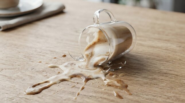 Spilled Coffee Cup Broken Glass on Wooden Table