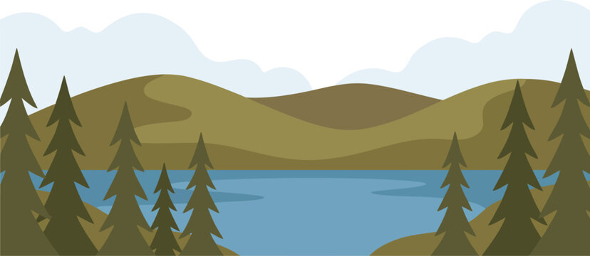 Flat Mountain Forest Landscape with Pine Trees and Blue Lake Vector Illustration   