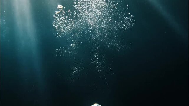 Underwater Serenity: Sunlight streams through the dark blue ocean, illuminating rising bubbles and a faint object far below, creating an ethereal and mysterious atmosphere.