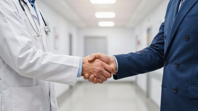 Doctor and businessman shaking hands in a hospital hallway