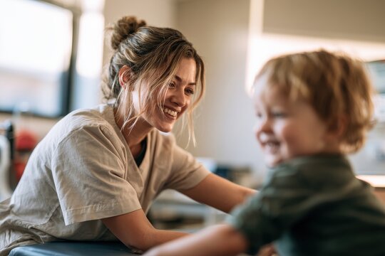 Warm, calm pediatric physical therapy scene in a clinical setting with a caring clinician and young patient