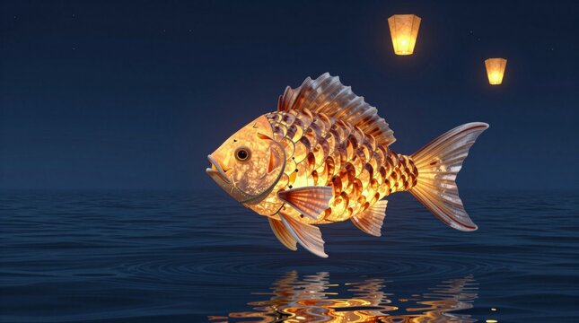 A vibrant golden fish swims gracefully in dark waters, illuminated by warm lantern lights above, creating a serene and magical atmosphere that inspires imagination.