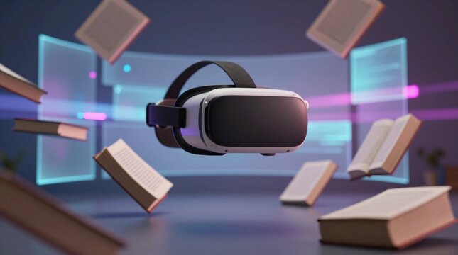 A captivating virtual reality headset hovers amid floating books, symbolizing the fusion of technology and education, offering new dimensions in learning and exploration.