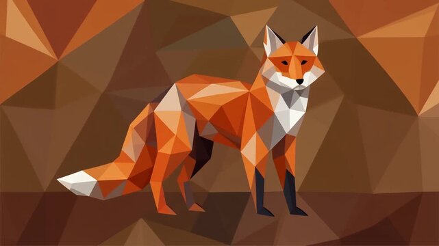 A striking geometric depiction of a vibrant orange fox with a bushy tail stands proudly amidst a warm earth-toned polygonal landscape, showcasing a unique artistic rendering of wildlife