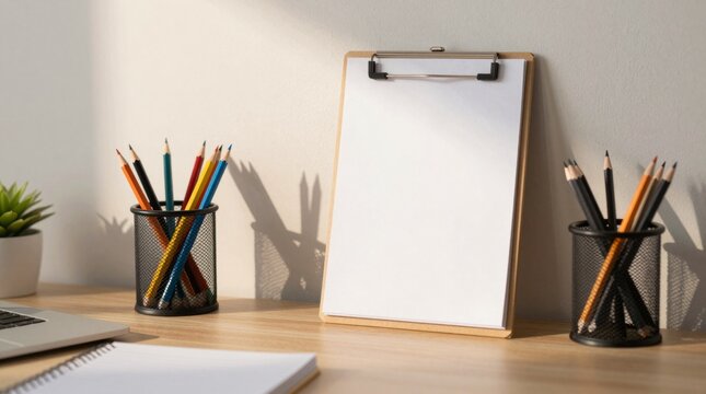 A tidy workspace featuring an empty clipboard, colorful stationery, and a laptop. The design creates an inspiring and organized environment for creative tasks.