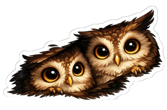 Two owls hiding together in their nest during nighttime