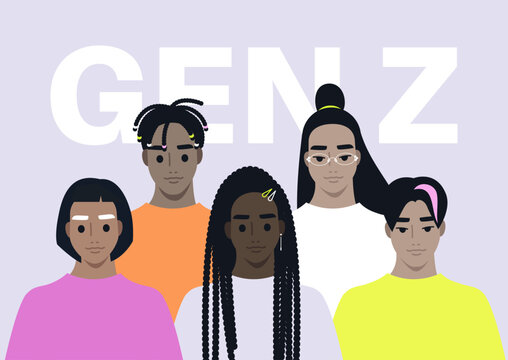 Five artistic characters embodying Gen Z culture stand together against a soft purple background, each showcasing distinct fashion and hairstyles that represent individuality and creativity.