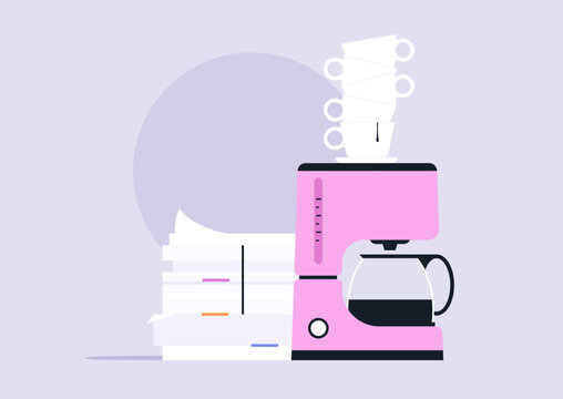 A vibrant pink coffee maker stands next to an impressive stack of papers, while neatly arranged used coffee cups rest atop, This scene captures the hustle of an industrious workday.
