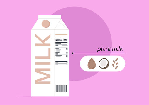 Illustration showcases three varieties of plant-based milk, highlighting ingredients such as almonds, coconuts, and grains, This colorful design promotes healthy choices in a vibrant setting.