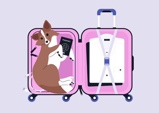 In a cheerful scene, an adorable puppy joyfully investigates an open suitcase, The suitcase reveals a passport and neatly folded clothes, hinting at future travels.