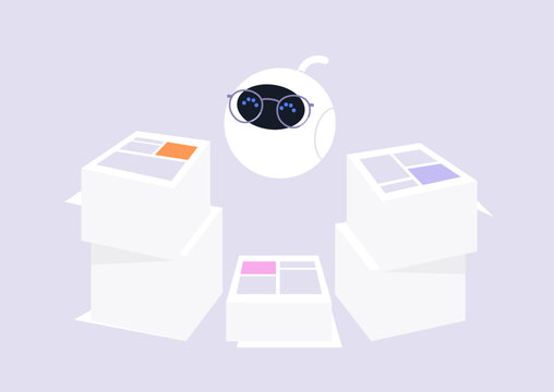 In a cheerful digital landscape, a small robot character observes three stacks of paperwork, The scene is lively and imaginative, showcasing the intersection of fun and productivity.