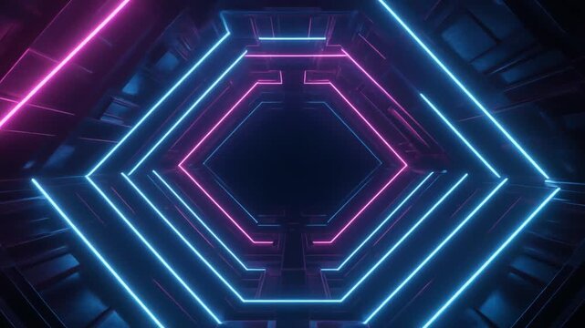 Abstract Neon Hexagon Tunnel, Futuristic Sci-Fi Corridor with Blue and Pink Lights