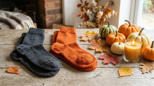 Cozy Autumn Scene with Warm Socks Pumpkins and Candle.