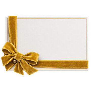 Ivory greeting card with golden velvet bow isolated on a transparent background for holiday design