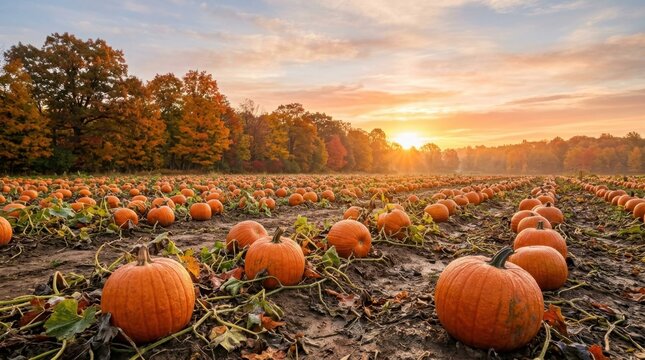 Vast Pumpkin Patch Field at Sunset with Autumn Trees and Golden Light.