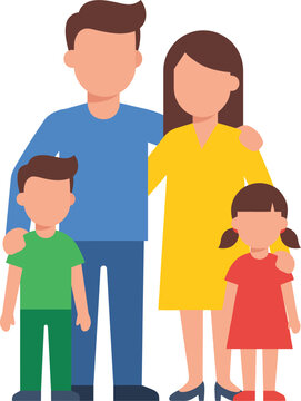 Flat Happy Family of Four Standing Together Vector Illustration