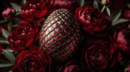 Obraz premium Decorative dragon egg with gold scales sits among red peony flowers. Ornate mythical object rests on floral background. Fantasy egg with shiny metallic texture surrounded by blooming spring peonies