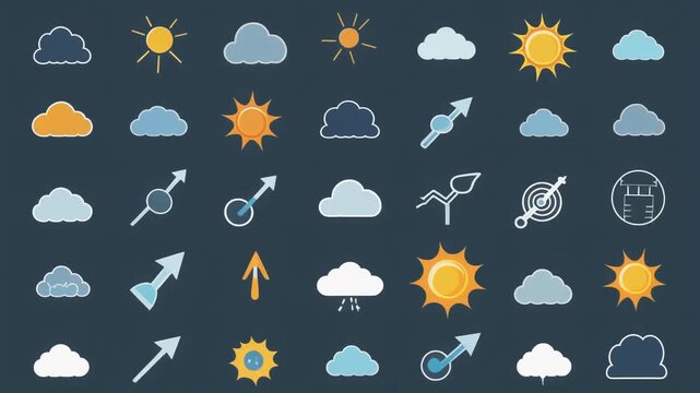 A vibrant collection of weather icons including sunny skies, fluffy clouds, and directional arrows, perfectly rendered for digital forecasts, graphic design projects, and meteorological themed
