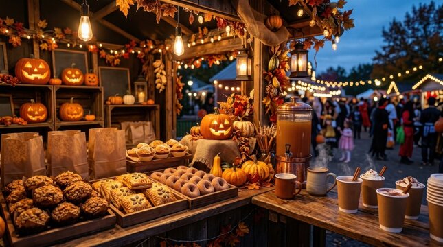 Halloween market stall with pumpkins and baked goods at dusk.
