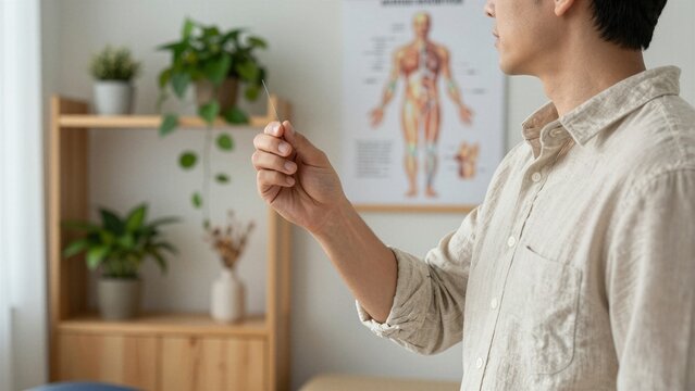 A focused acupuncturist holds a fine needle, preparing for treatment beside anatomical charts and green plants in a serene clinic setting.