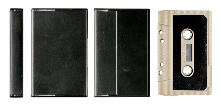 Grunge blank audio cassette tape with blank case sides. Png isolated on transparent background