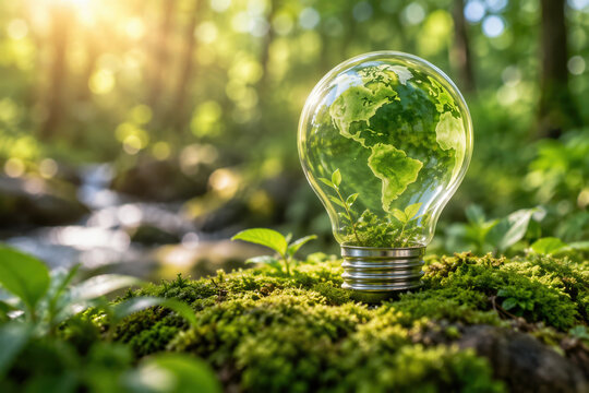 Green energy light bulb with green Earth globe inside on moss in forest representing renewable energy environmental sustainability global warming solution climate action